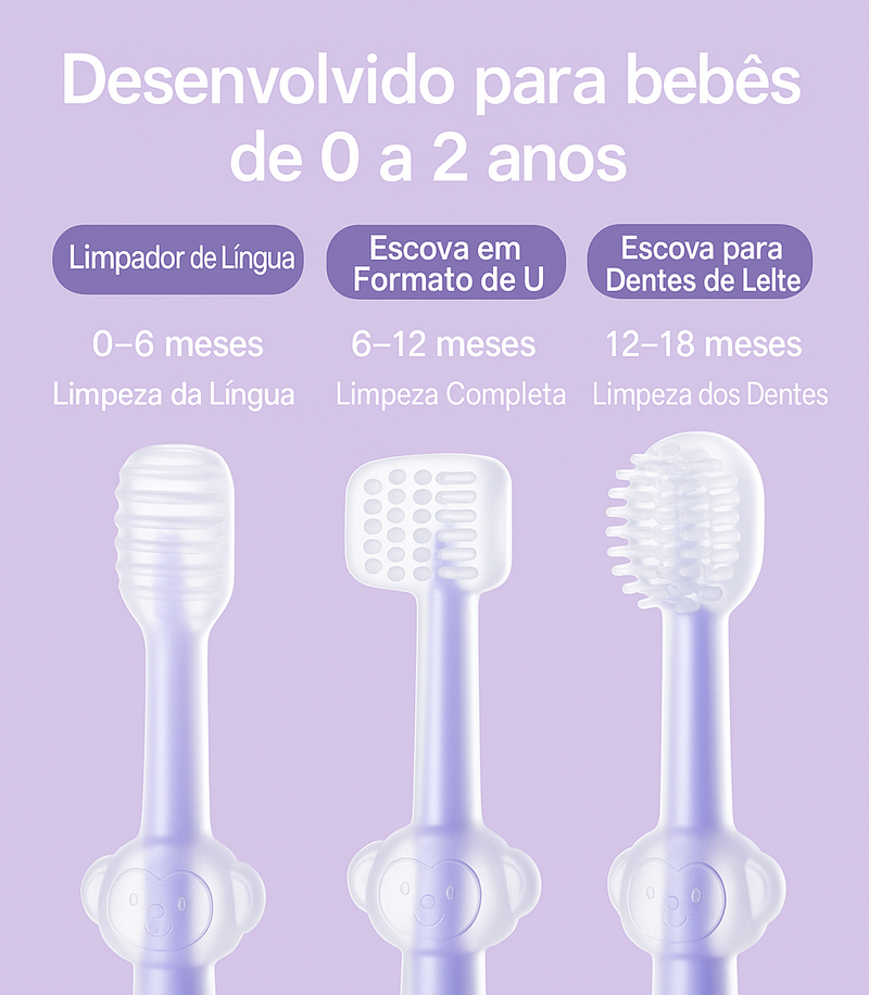 Kit Infantil de Higiene Bucal – Escovas Dentais e Limpador de Língua de Silicone