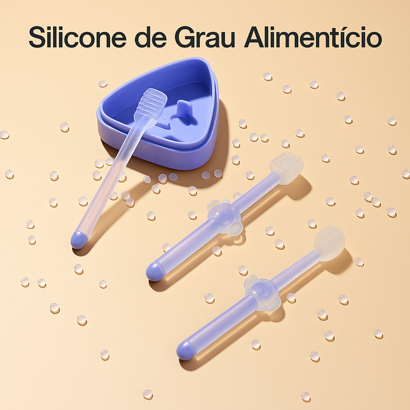Kit Infantil de Higiene Bucal – Escovas Dentais e Limpador de Língua de Silicone