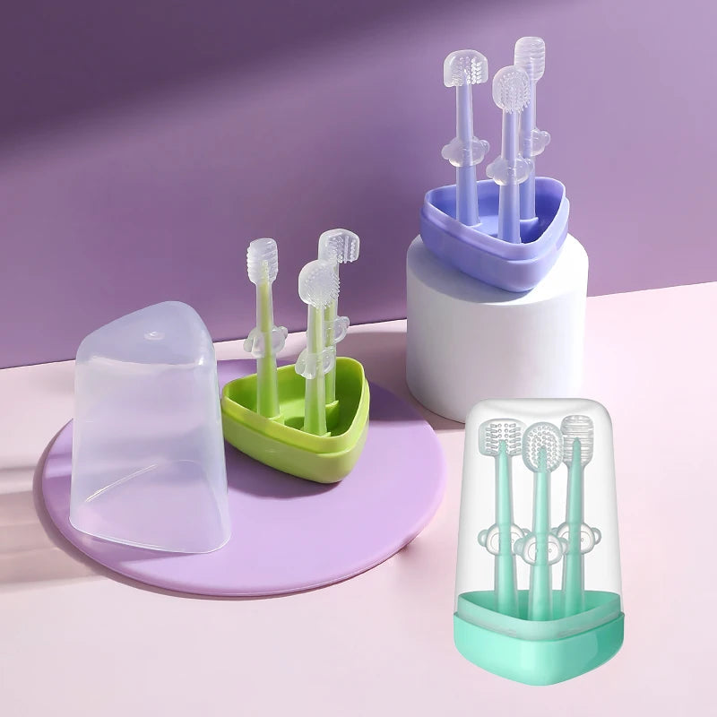 Kit Infantil de Higiene Bucal – Escovas Dentais e Limpador de Língua de Silicone